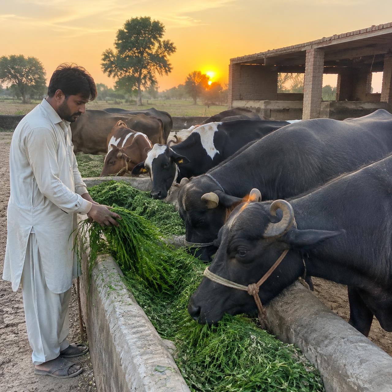Farmer feeding green fodder to cows and buffaloes